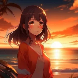 girl, anime style, sunset, beach, resort