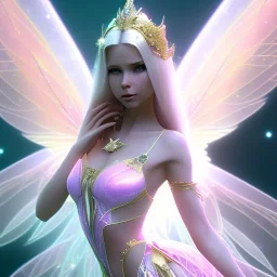 beautiful fairy very etheric, nice smiling, long blond hair, magic glamour pink make up, delicate colors, complete vision of very transparent and big wings, beautiful glamour transparent dress, ultra sharp focus, 8k, unreal engine 5, extremely sharp detail, light effect, soft light atmosphere, smooth, full of details, face in front, complete vision of face and hair and of the body