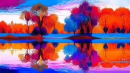 A colorful abstract landscape with a body of water reflecting the vibrant orange, blue, and purple hues of the sky and trees. The scene has a dreamlike, surreal quality with blurred and distorted shapes