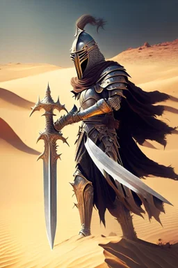 royal knight holding a greatsword roaming a desert