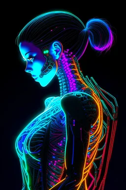 a woman with a skeleton on her back, perfect anime cyborg woman, female cyberpunk anime girl, anime cyberpunk, cyberpunk anime girl, anime cyberpunk art, glowing neon skin, cyberpunk anime art, anime cyborg, beutiful girl cyborg, female cyborg black silhouette, holy cyborg necromancer girl, beautiful alluring female cyborg, cyberpunk anime girl mech