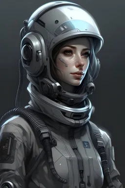 A DIGITAL ART complete-body portrait of a sci-fi pilot woman. She is 30 years old. She has a pilot helmet. She is reckless. She has got dreams. Her eyes are beautiful and bright. Grey