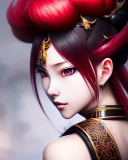 Detailed cute anime Kunoichi girl with a dragon tail, blood red hair buns, bangs, black latex bodysuit, intricate details, full body portrait, keep head in frame, slight smile, black Japanese motif, concept art, highly detailed, digital painting, concept art, sharp focus, illustration, art by Yoji Shinkawa, WLOP and greg rutkowski and alphonse mucha and artgerm and yanjun Chen and Junji ito and Makoto Shinkai, HDR, octane render