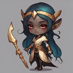 Aamela Rethandus is a dark elf healer with gray skin and red eyes with straight black hair a golden headband and dressed in healer outfit of dull-teal tan and browns, in chibi art style