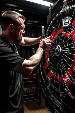 A men shoot darts on a winmau board