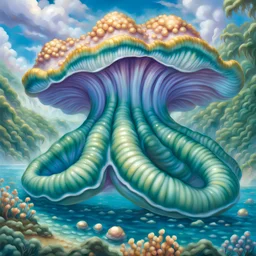 fantasy 90's tcg art of pearlescent giant clam creature