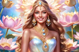 (Masterpiece ), Photorealistic, Full Body Gourgeus Indu Goodess romantic happiness, pretty faces, nice makeup, smiling regard, perfect light blue eyes, round pupil, smiling, beautiful Makeup, detailed face, very long straight hair, beautiful dress, gold, opalescent iridiscent color, precious stones crystal gold, flyng over a big pink lotus flower in the middle of a lake landscape of summer ambient beautiful sea, Rajasthan palace in light crystals gold