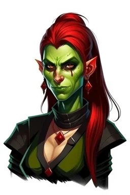 very smart half orc young woman, shes strong and not pretty, her hair is dark red and mid length, she wears an earring and black clothing with green skin and pointed teeth, realistic style