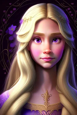 Princess Rapunzel with a very beautiful and symmetrical face, with a charming look, with lighting, with flowering hair and a luminous face