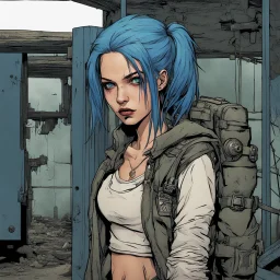 female, portrait,comic book, face, post-apocalypse, blue hair
