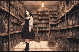 full-height shot of a young witch in a tight black short skirt, inside a large magic shop, shelving, bottles, windows