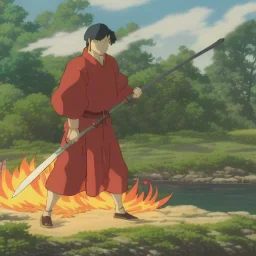 a man surrounded by fire with a sword in the ground next to the man