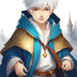 Fantasy World, A boy only wearing a closed wizards robe, and wearing a wizards hat. White Hair. Golden Eyes