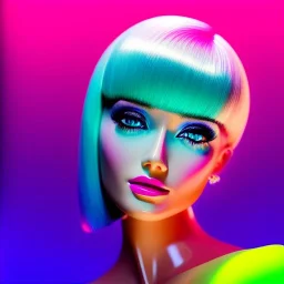 portrait in oil of busty beautiful Blonde woman, purpurin, minimal skintight latex pink dress, gradient color, BLUE, PINK, CYAN, neon, insanely detailed, 16k resolution,with big crystal clear green eyes looking to viewer,realistic,intrincate detail, with ruby necklace by Adam hughes 16k