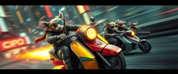hi speed rocket ship on leaning scooter in a swing, coated rat gremlin captain in high speed pursuit among neon spy vs spy rat cyber soldiers, with background motion blur, airbrush and pen outline, in the style of Fallout 4 and Cyberpunk and GTA5, huge sun glasses with mirror reflection, tounge out