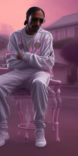 Snoop dogg, sitting. a chair. pink houses, pink sky, pink smoke, trees, outdoors. Groove street