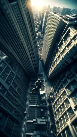 A top view of a high building and a man is jumping from the top of a high rise building with glider The air top view surrealism of the dark of a nightmare ten miles high and six foot deep, hyper photorealistic, hyper detailed clear art color, high resolution, octane render, tilt shift, HDRI Environment, all pictures gray