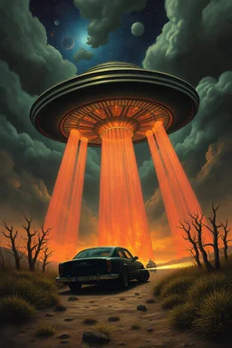 Hieronymus Bosch style nightmare huge ufo spaceship hovering above a car