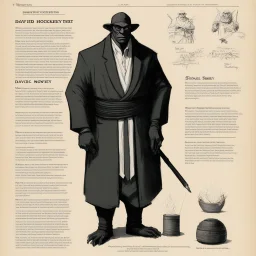 monster concept sheet with AD&D statistics and characteristics [art by David Hockney] Gangster-turned-Monk