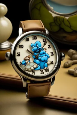 "Illustrate a Smurf Watch that combines the charm of vintage timepieces with Smurf whimsy, featuring an antique bronze case and a nostalgic, sepia-toned backdrop."