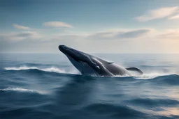 In this picture, we can see a vast ocean landscape. The sky is blue and the sea is as calm as a mirror. In the distance, a huge whale is slowly descending, its large and majestic body, and the water splashes from its surface. The whale stretches its curved and graceful body, as if dancing. Its back is covered with a variety of colorful marine life, such as small fish, seaweed, and corals. These creatures thrive, in the company of whales, thrive and thrive, forming a gorgeous and colorful underwa