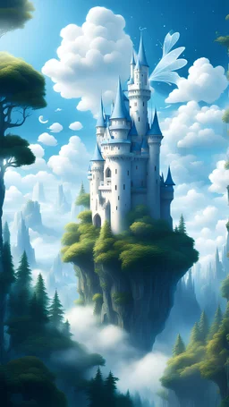Castle in the Sky Forest Arbesque Avatar Fantasy White Clouds Fairy Tale HD Clear Delicate White Blue, 8K
