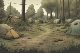 campsite, tents, overgrown, post-apocalyptic, comic book, forest, cinematic, panoramic