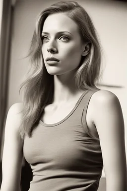 photo, rule of thirds, deborah ann woll dramatic lighting, short hair, detailed face, detailed nose, woman wearing tank top, smirk, realism, realistic, raw, analog, woman, portrait, photorealistic, analog, realism