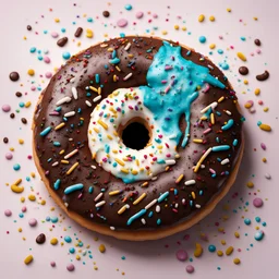 hyperreal ying yang donut, white vs chocolate frosting with sprinkles. surreal, sharp focus, textured, illustration, fantasy core