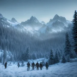 Five people hunting in a snowy forest, horror syle, mountain hut in the background, Alps, night, 8k, HD, cinematography, photorealistic, Cinematic, Color Grading, Ultra-Wide Angle, Depth of Field, hyper-detailed, beautifully color-coded, intricate details, beautifully color graded, Cinematic, Color Grading, Editorial Photography, Depth of Field, DOF, Tilt Blur, White Balance, 32k, Super-Resolution, Megapixel, ProPhoto RGB, VR, Halfrear Lighting, Backlight, Natural Lighti