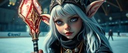 close up portrait of shiny ice priestess dark dwarf swifnerblin gremlin babe with lavender eyes and white silver hair, and with magical aura hockey staff, pin hole cam, master oil painting by Rembrandt, d&d glam rock and glitter vampire gremlin illithid and lich playing hockey in ice skating hall or church, in the style of giger and escher, sci fi with floating little saucers