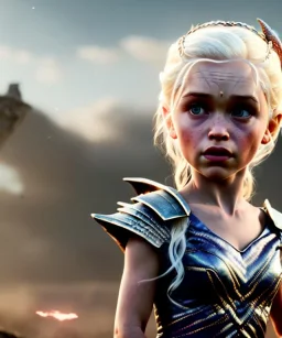 Daenerys Targaryen toddler, dragon, full body, dramatic lighting, angry, hyper realistic,