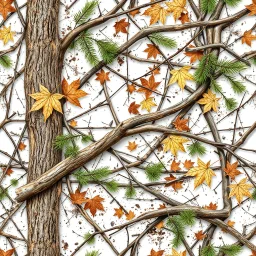 detailed Real Tree Camouflage made of sticks, twigs, tree bark, green pine branches, dried maple leaves, snow and dirt, white background, seamless repeatable texture camo pattern