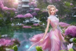 only one pretty asiatique girl dénudée just before a magical crystal flower lotus magnolia lys bougainvillier, blue gold house indian palace castle in the woods, magnolias pink,blue lake,sun,white swanns,pink vertical, blue lake,sharp, vines, candlelit, endor, ornate, elegant, highly detailed, artstation, concept art, smooth, sharp focus, illustration, 8k, splash art, wallpaper, key visual