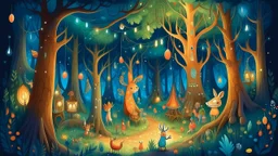 antasy cartoon style illustration: Once upon a time, in the heart of the Enchanted Forest, there was a magical event that all the woodland creatures looked forward to—the Forest Carnival. The trees were adorned with twinkling fairy lights, and the air was filled with laughter and excitement.