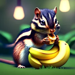 pixar art style of cute baby chipmunk eating banana in natural environment, full body,au naturel, hyper detailed, digital art, trending in artstation, cinematic lighting, studio quality, smooth render, unreal engine 5 rendered, octane rendered