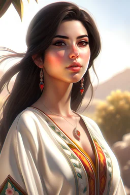 Digital art, high quality, digital masterpiece, natural illumination, sunny day, realistic, film style, (full body:2.5), (1 young peruvian girl:3), (dark brown hair:1.8), (sexy green eyes:1.8), (tall:1.8), (White peruvian pajamas:1.8), Peruvian patterns, (Peruvian room at background:1.8)