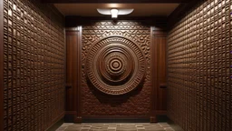 A large, intricate wall made of square, brick-like tiles, featuring a prominent, circular, geometric design centered around a door. The tiles alternate between light and dark brown hues, creating a rhythmic, textured pattern that draws the eye to the tunnel-like structure within. The door itself is recessed into the center of the design, inviting the viewer to imagine what lies beyond.