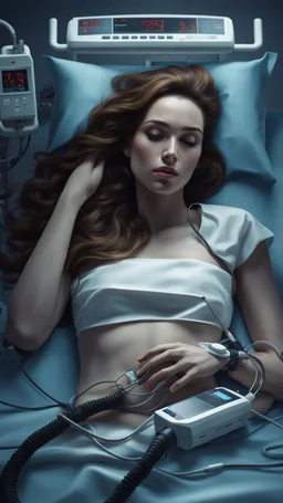 photorealistic hyperdetailed young woman lying on a hospital bed with a heart monitor and tubes attached