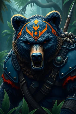 an angry bear warrior wearing Navy blue and orange battle armor, a highly detailed illustration, background of Inka jungle, realistic render, 8 k, micro detail, intricate, elegant, centered, digital painting, Artstation, smooth, sharp focus, illustration, artgerm, tomasz alen kopera, peter mohrbacher, donato giancola, joseph christian leyendecker, wlop, boris vallejo