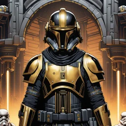 star wars bald male corellian pilot wearing pearlescent black and gunmetal grey First Order special forces heavy assault stealth commando armor and helmet with gold trim inside the jedi temple, hyperdetailed, dynamic lighting, hyperdetailed background, 8k resolution, volumetric lighting, light skin, fully symmetric details