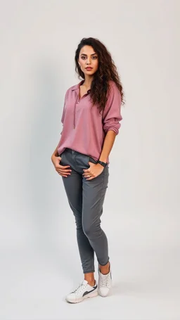 beautiful lady with makeup in pants and pretty shirt curvy long hair sport shoes standing relaxed posing to camera simple empty studio background