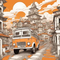 A magnificent vibrant orange white black line art bus glides through a surreal village at sunset, blending futuristic elements with the charm of old architecture.