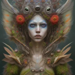 Rudy Lima from venezuela, rusty metal, feathers, Dryad, fae, sidhe, ominous, nature, plants, wildflower, facepaint, dnd character portrait, intricate, oil on canvas, masterpiece, expert, insanely detailed, 4k resolution, retroanime style, cute big circular reflective eyes, cinematic smooth, intricate detail , soft smooth lighting, soft pastel colors, painted Renaissance style