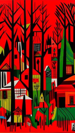 A red forest with tribal huts painted by Stuart Davis