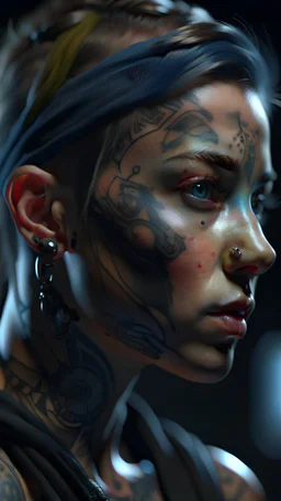 face of a young woman with tattoos and cyberpunk elements, realistic, made in octane 3d render, cinematic, ultra-realistic, extremely detailed octane rendering, 8K, VRA, close up