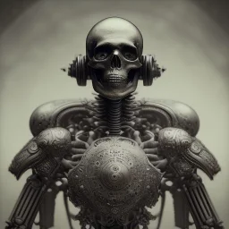 a skeleton warrior wearing samurai armor in hr giger style, steam punk, realistic, made in octane, cinematic, ultra-realistic, extremely detailed octane rendering, 8K, VRAY Super Real ar 2:3, dof photorealistic futuristic 50mm lens hard lighting dark gray tintype photograph, realistic lighting, sepia color