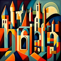 An abstract geometric painting depicting a landscape of an ancient medieval city with castles, towers, churches, vaults, culverts and bells in a very stylized and cubist way. The composition consists of various shapes, forms and geometric elements arranged to create the impression of buildings, structures and architectural elements in an urban landscape. The shapes and forms used in the painting are a combination of straight lines, angles, curves and circles, creating a sense of rhythm and mo