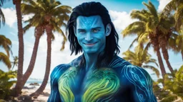 beautiful gorgeous young man na'vi with long hair, Avatar, blue skin, two small ears, green eyes, black hair, in cosmic suit, galactic ambiance, medium pointy goatee , smiling, with spaceship and planets and palm trees and clear crystaline cosmic beach in background