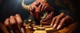 fish eye lense, pin hole cam, master oil painting by Rembrandt, realistic rendering one eyed chess demon a sense of depth